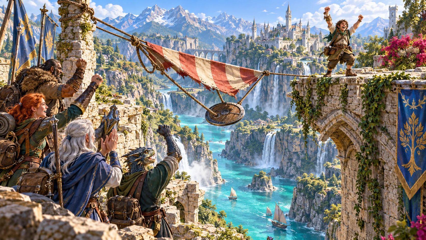 Illustrated adventurers celebrate an improvised crossing over a fantasy gorge with ropes, a banner and a shield.