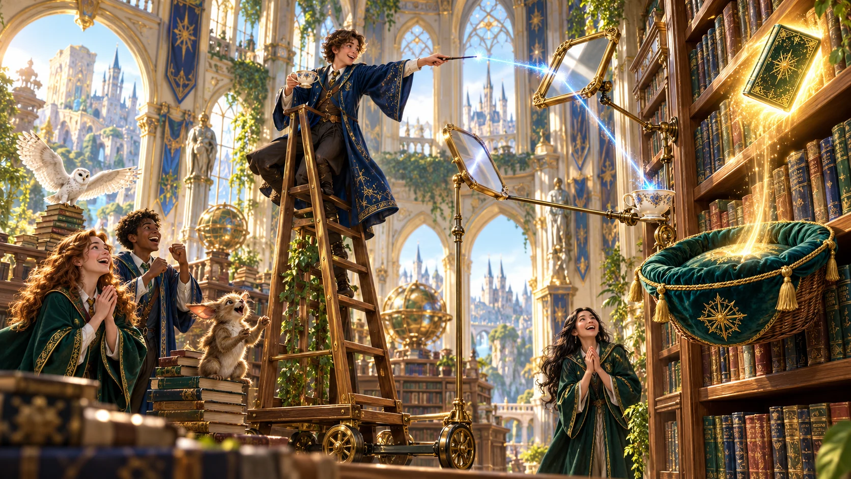 Illustrated adventurers celebrate an extraordinary book retrieval using an improvised magical contraption in a fantasy library.