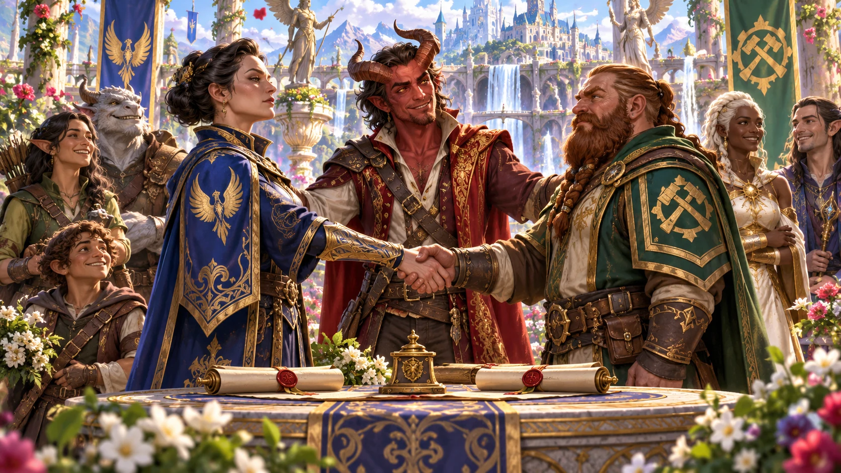 Illustrated fantasy representatives agree in a plaza while adventurers watch beside sealed documents.